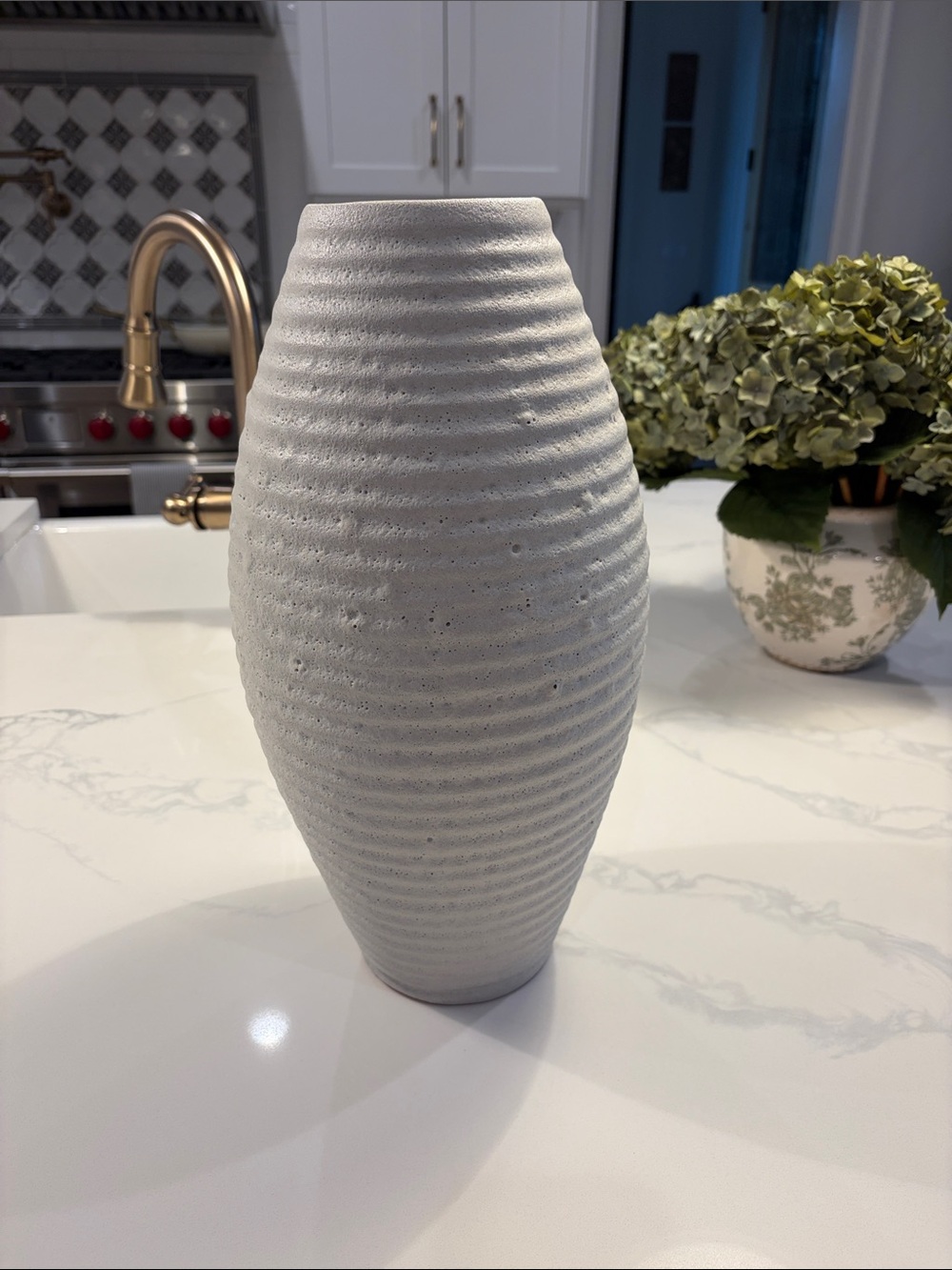 Crate&Barrel Ribbed Light Gray Ceramic Vase
